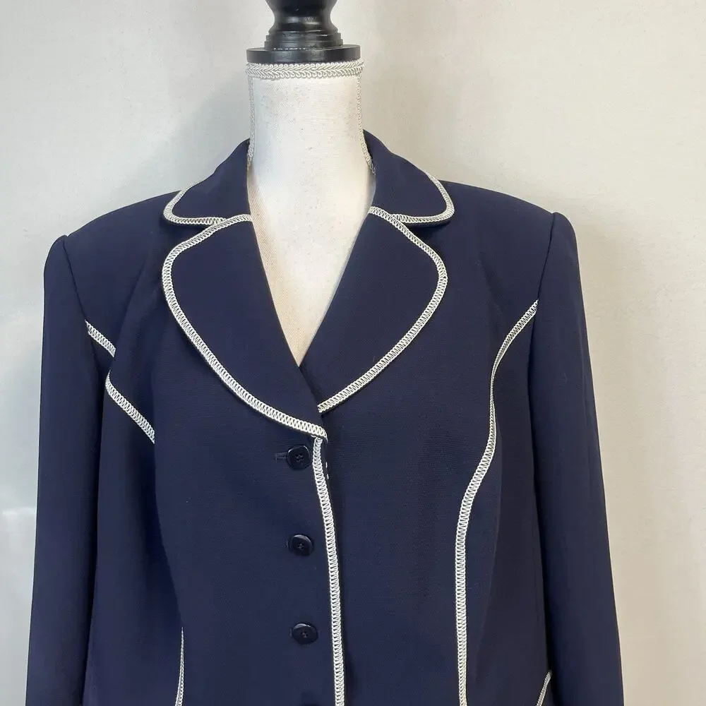 John Meyer Blazer Jacket Plus sz 16W Navy Blue Ivory Career Professional Wedding - Picture 3 of 9